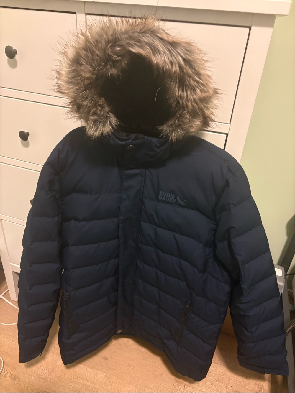 Eddie Bauer Men's XL Dark Navy Quilted Puffer with Faux Fur Trim Hood 650 Fill D
